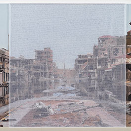 A layered painting. Silk with handwriting overlays a painting of a ruined city block.